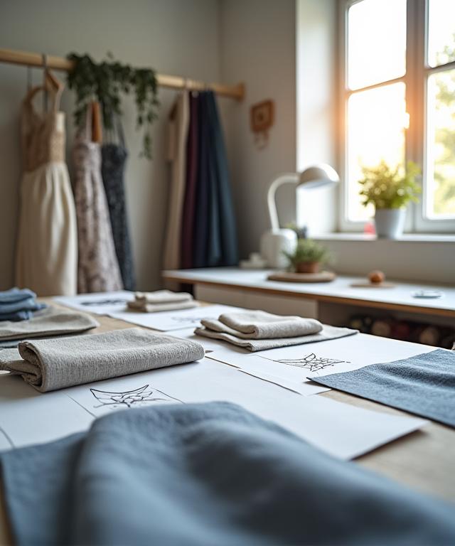 Ein heller Werkstattbereich mit Stoffmustern und Designskizzen auf einem Tisch.